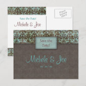 Sla de datum Turquoise Brown Damask Briefkaart (Voorkant / Achterkant)