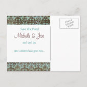 Sla de datum Turquoise Brown Damask Briefkaart (Achterkant)