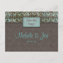 Sla de datum Turquoise Brown Damask Briefkaart