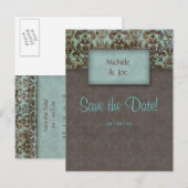 Sla de datum Turquoise Brown Damask Briefkaart 2 (Voorkant / Achterkant)