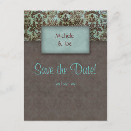 Sla de datum Turquoise Brown Damask Briefkaart 2