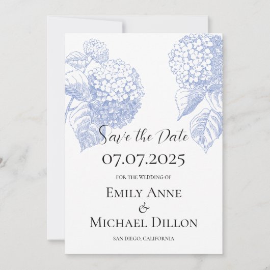 Sla de Datum uitnodiging met Blue Hydrangea (Voorkant)