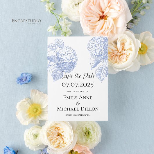 Sla de Datum uitnodiging met Blue Hydrangea