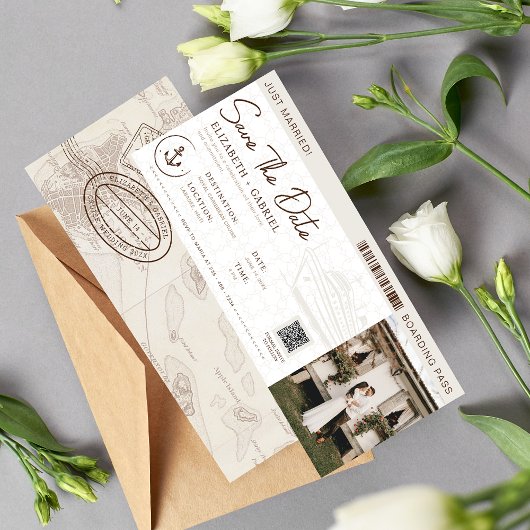 Sla de datum van de instapkaart cruise bruiloft kaart