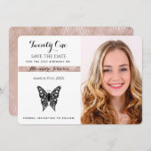 Sla de datum verjaardag zwart wit vlinder foto save the date (Voorkant / Achterkant)