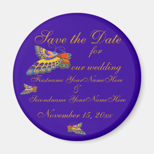 Sla de datum vlinder bruiloft goud Paarse Magneet (Voorkant)