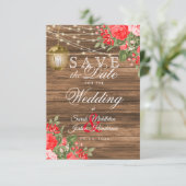 Sla de datum vrij Hout, Lantaarns en Rode Bloem Save The Date (Staand voorkant)