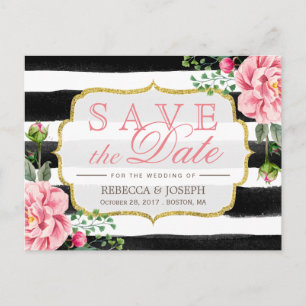 Sla de datum Waterverf Blush Pink Floral Stripes Aankondigingskaart