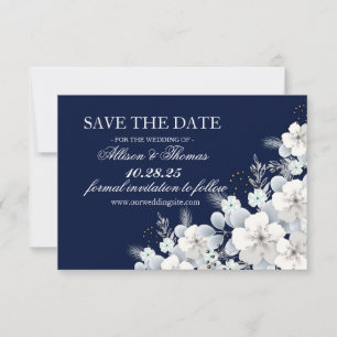 Sla de datumkaart op witte bloem sakura marineblau save the date