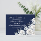 Sla de datumkaart wit bloem sakura marine blauw save the date (Staand voorkant)