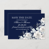Sla de datumkaart wit bloem sakura marine blauw save the date (Voorkant / Achterkant)