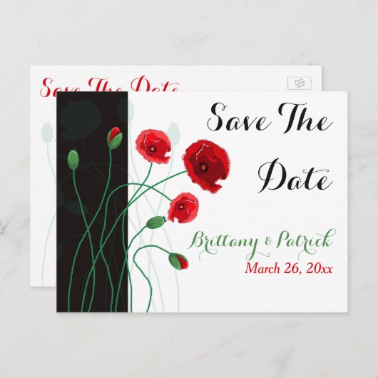 Sla het Briefkaart Datum op | rode papaver | Groen (Voorkant / Achterkant)