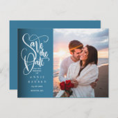 Sla het Date Elegant White Script Photo Briefkaart (Voorkant / Achterkant)