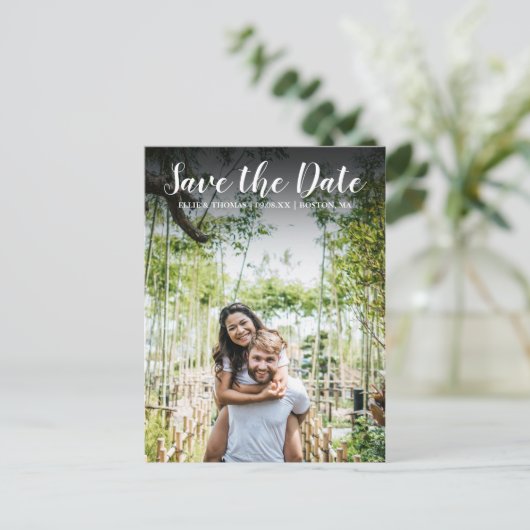 Sla het Date Simple Modern Script Photo-Briefkaart Briefkaart (Staand voorkant)