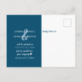 Sla onze datum blauwe en witte bruiloft op aankondigingskaart (Achterkant)