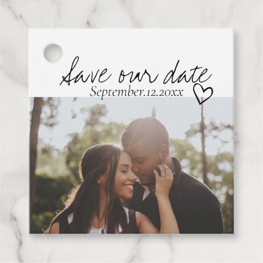 Sla onze datum met handgeschreven persoonlijke fot bedankjes labels (Voorkant)