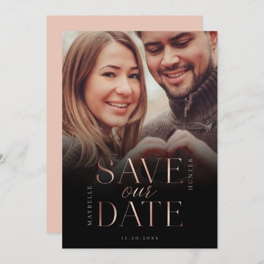 Sla onze datum Roos Gold Full Photo Black Gradient Save The Date (Voorkant / Achterkant)