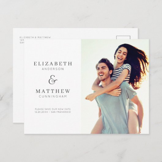 Sla onze nieuwe datum op Minimalistische aangepast Aankondigingskaart (Voorkant / Achterkant)