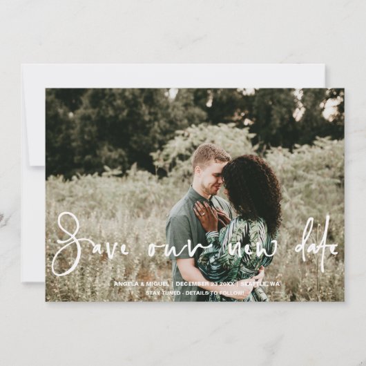 Sla onze nieuwe datum wijziging van de plannen bru save the date (Voorkant)