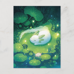 Slaande Witte Axolotl op Glowende Waterlelieblad Briefkaart