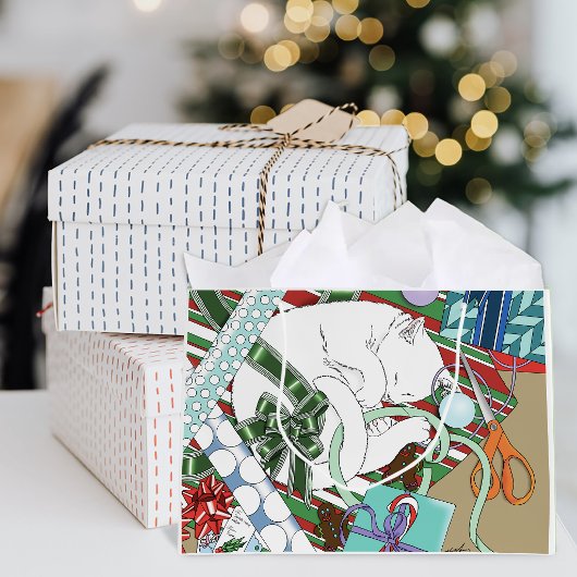 Slaande Witte Kat Kerst Inpakpapier Groot Cadeauzakje