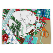 Slaande Witte Kat Kerst Inpakpapier Groot Cadeauzakje (Voorkant)