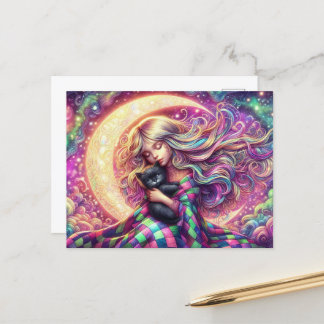 Slaap halve maan meisje met zwarte kat briefkaart