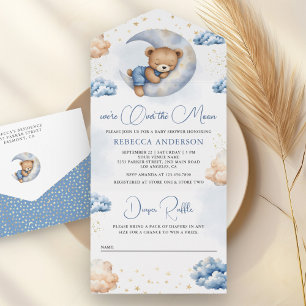 Slaap Teddybeer boven de Maan Baby Shower Blauw All In One Uitnodiging