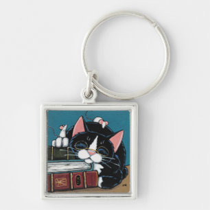 Slaapend boekworm Tuxedo Cat and Mice Painting Sleutelhanger