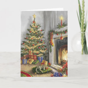 Slaapend Kat bij de kerstboom Feestdagen Kaart