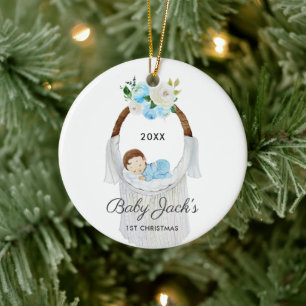 Slaapende Baby Bassinet Personalized Boy 1st Xmas Keramisch Ornament