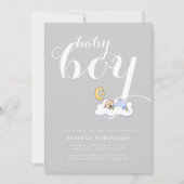 Slaapende babyjongen doucht elegant grijze typogra kaart (Voorkant)