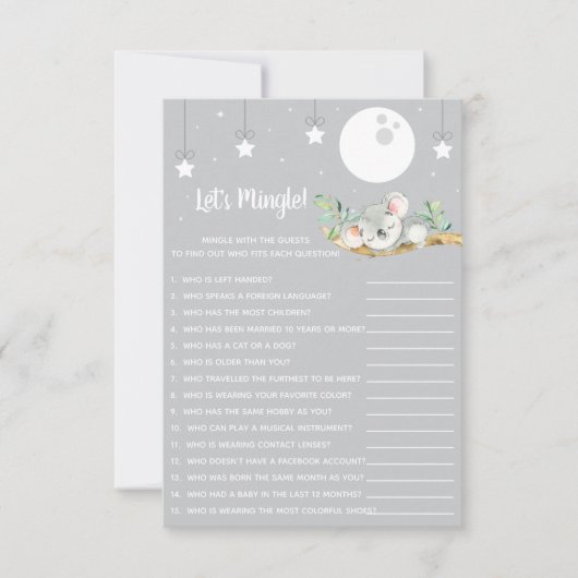 Slaapende Koala Baby shower Game Laten we Mingle! Kaart (Voorkant)