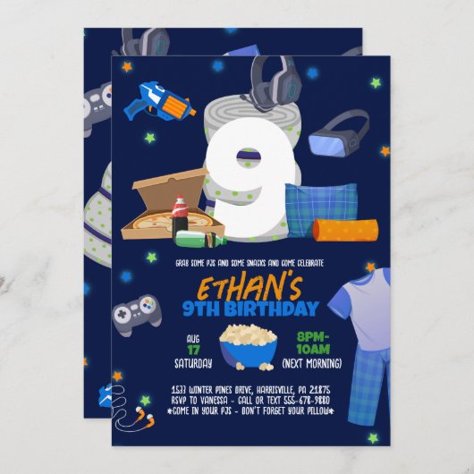 Slaapfeestje Jongens Pyjama Feest Uitnodiging (Voorkant / Achterkant)