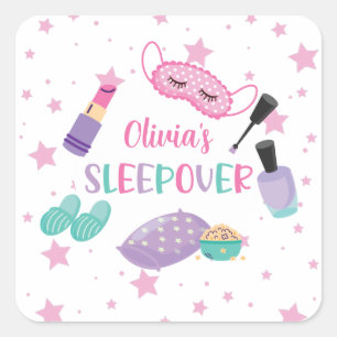 Slaapfeestje slaperig feest roze paars pretiener vierkante sticker