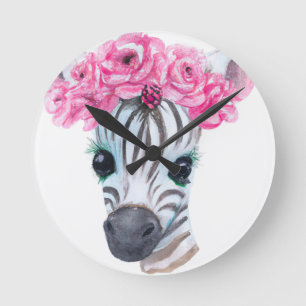 Slaapkamerklok Zebra met Roze Bloemen Kroon Ronde Klok