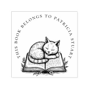 Slaapkat op boek Circulaire naam Ex Libris Zelfinktende Stempel