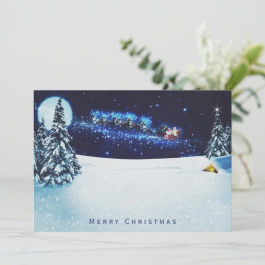 Slaapschutter en renrendiertje in Night Sky Kerstm Feestdagenkaart (Staand voorkant)