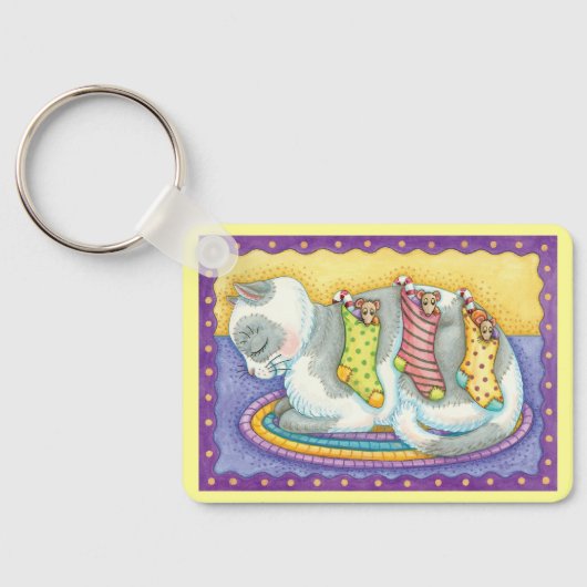Slaapstand met kerstkat met muizen in voorraad sleutelhanger (Achterkant)