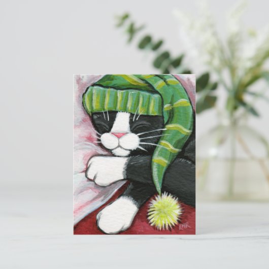 Slaapstand Tuxedo Cat met Nightcap Art Briefkaart