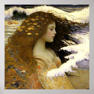Slaapster Zeemeermin Die Droomt van Gouden Zeesche Poster