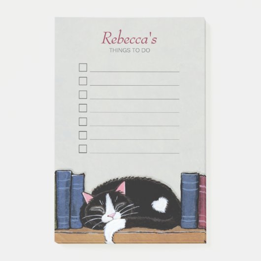 Slaaptuxedo-kat op boekenplank post-it® notes (Voorkant)