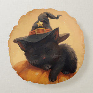 Slaapzwarte kat Halloween rond kussen