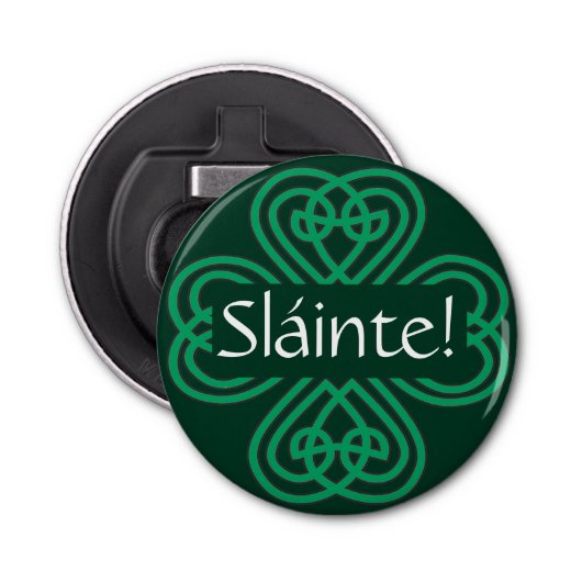 Sláinte Irish Shamrock Green Lucky Clover Button Flesopener (Voorkant)
