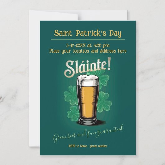 Slàinte! Saint Patrick's Day Pint van bier op groe Magnetische Uitnodiging (Voorkant)