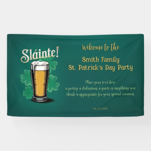 Slàinte! Saint Patrick's Day Pint van bier op groe Spandoek (Horizontaal)