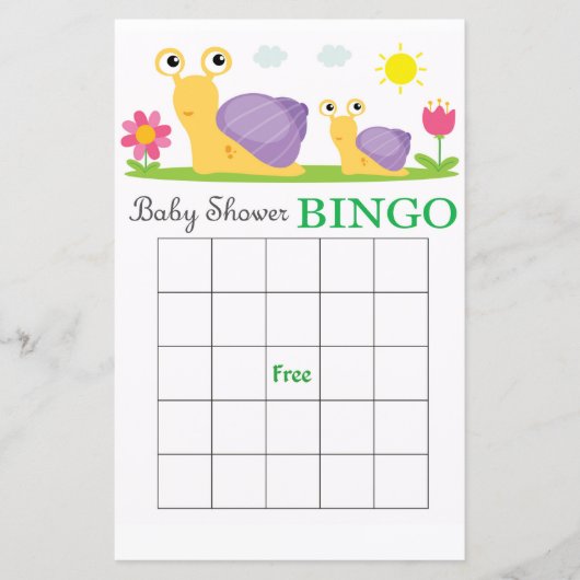 Slak baby shower bingo card (Voorkant)