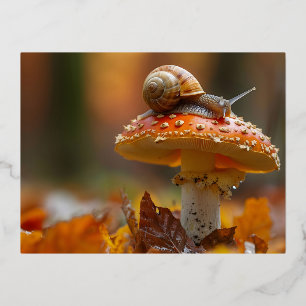 Slak bovenop de paddenstoel leuk natuurbeeld folie feestdagen briefkaart