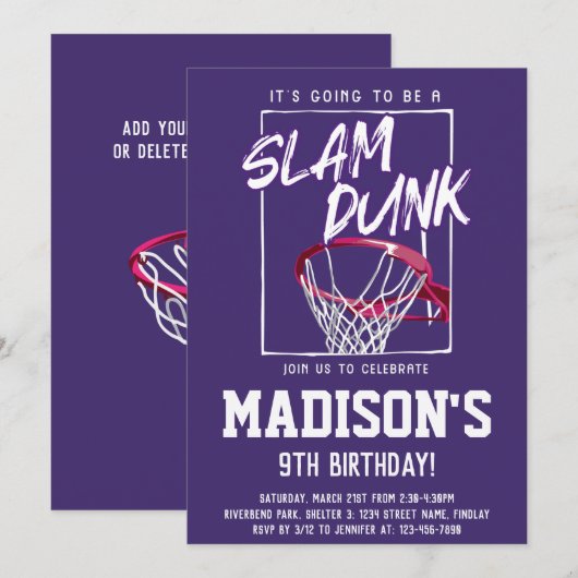 Slam Dunk Basketball Paars Birthday Partij Elke le Kaart (Voorkant / Achterkant)