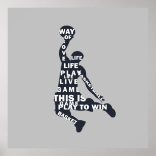Slam dunk basketbalspeler met volledige body tekst poster
